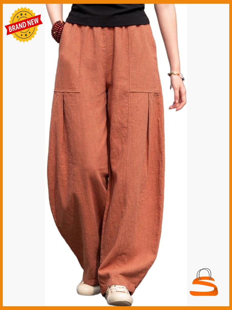Linen Wide Leg Pants Elastic Waist Lantern Trousers With Pockets